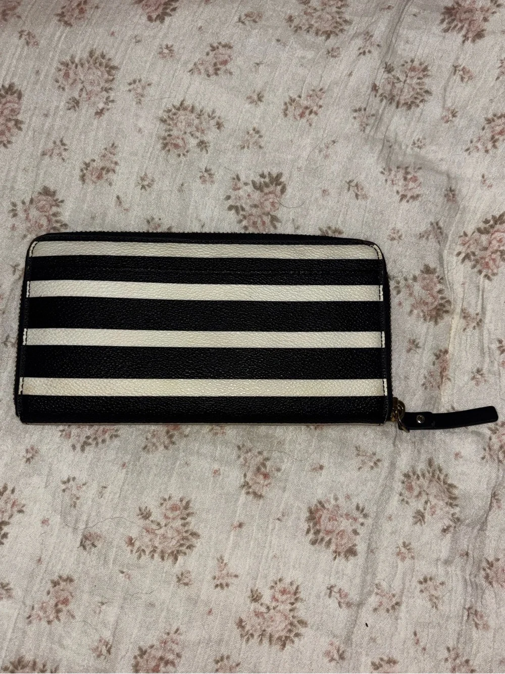Kate Spade Black and Off White Striped Zip-Around Wallet